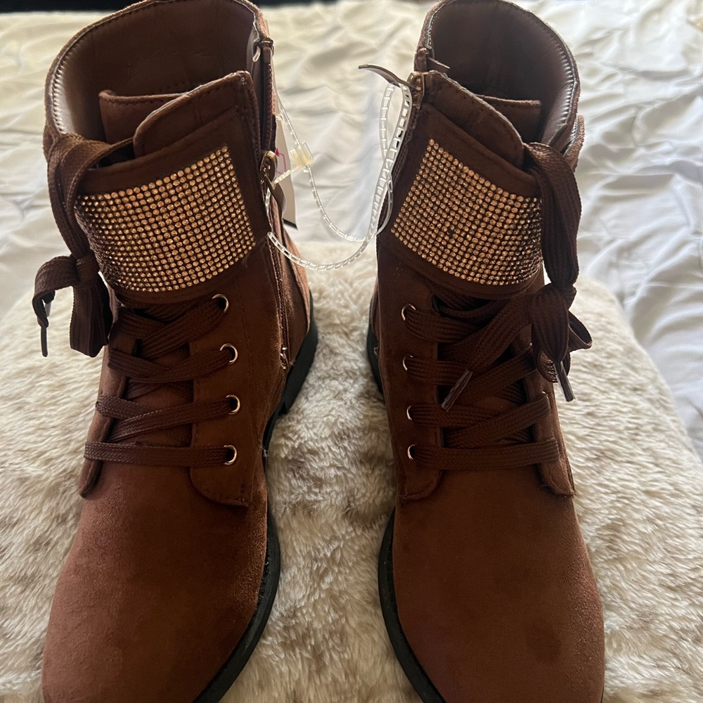 Brown Suede Ankle Boots with Rhinestone Detail